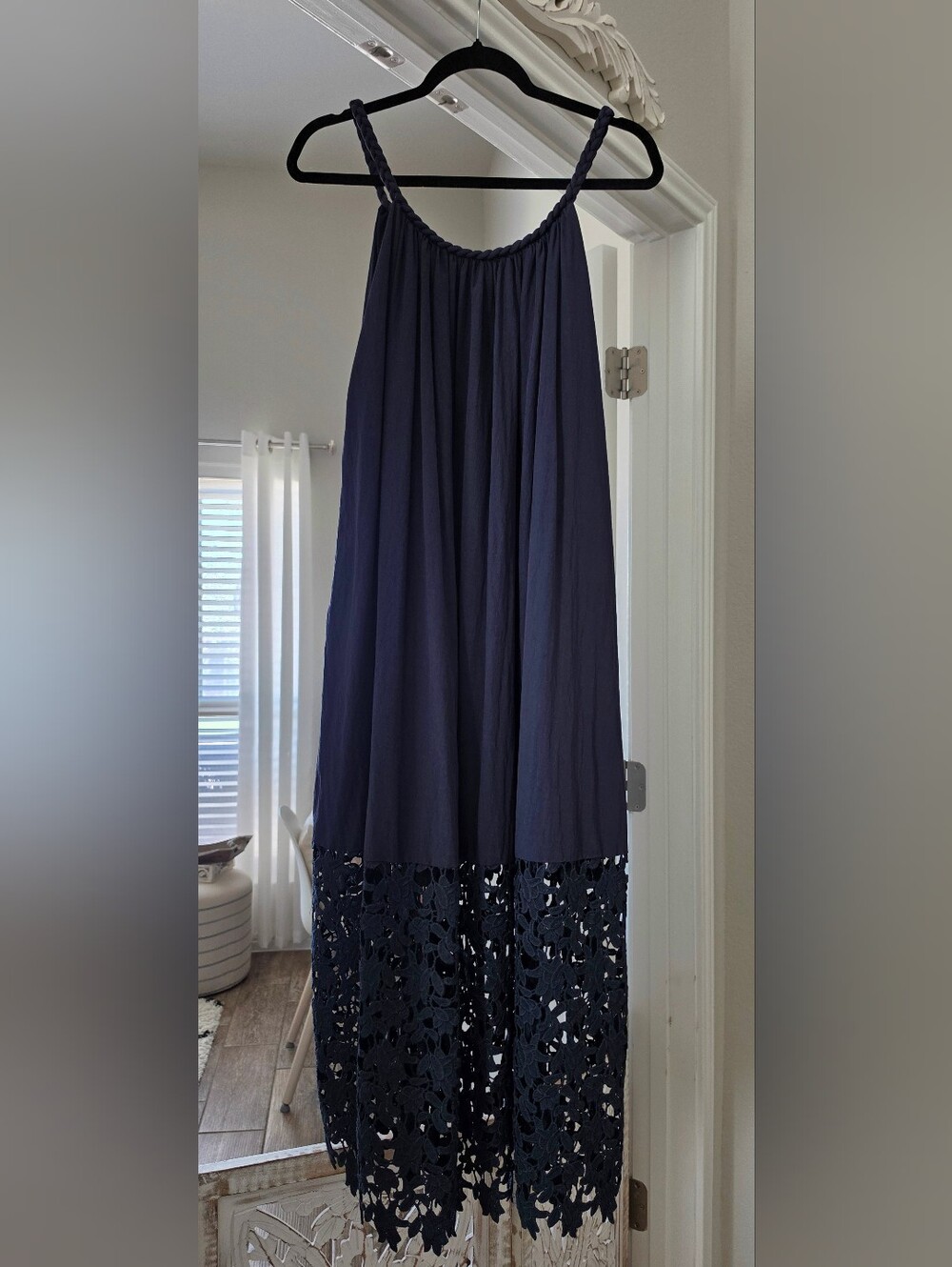 Women's Navy Maxi Dress with Crochet Lace Hem